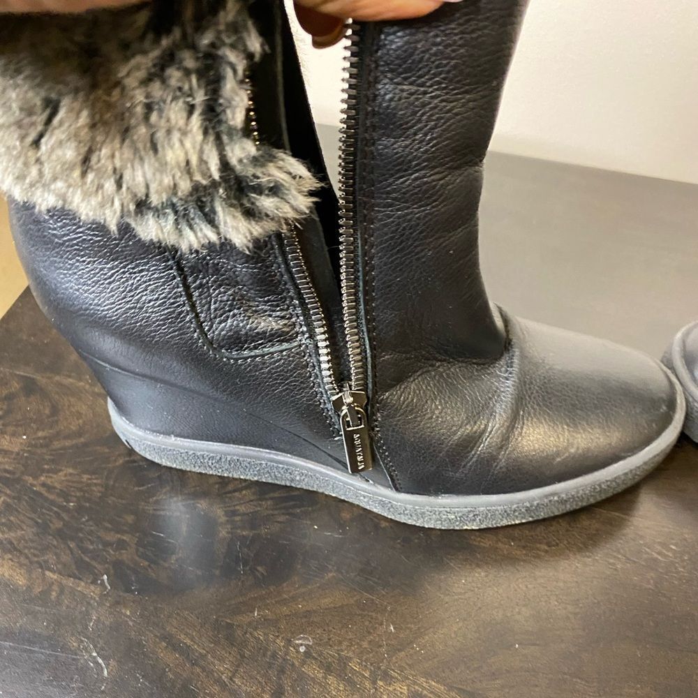 Aquatalia black wedge platform side zip fur cuff boots, size 5 - Picture 6 of 16